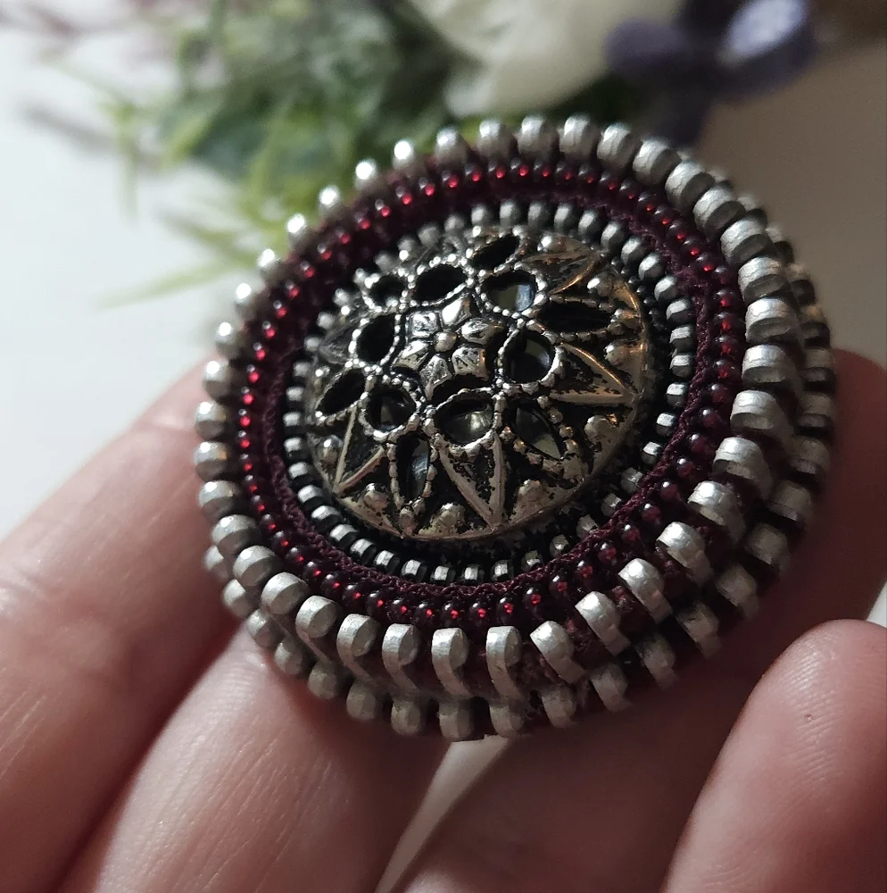 Vintage Hand Crafted Silver Red Seed Bead Flower Double Level Brooch